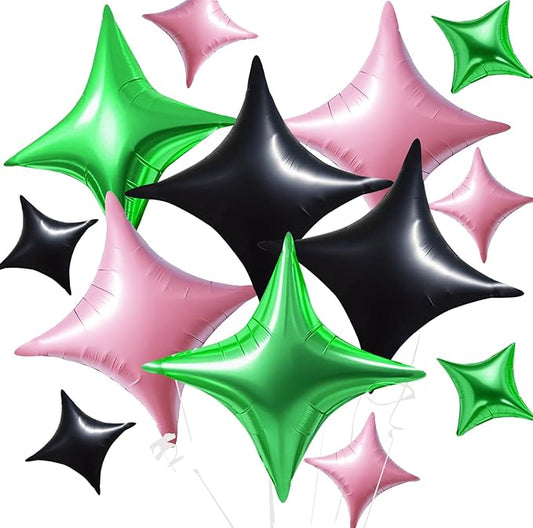 TONIFUL 30Pcs 26In&10In Star Balloons Light Pink Green Black Four Pointed Foil Mini Star Mylar Balloons for Birthday Wedding Baby Shower Anniversary Engagement Party Decor Supplies