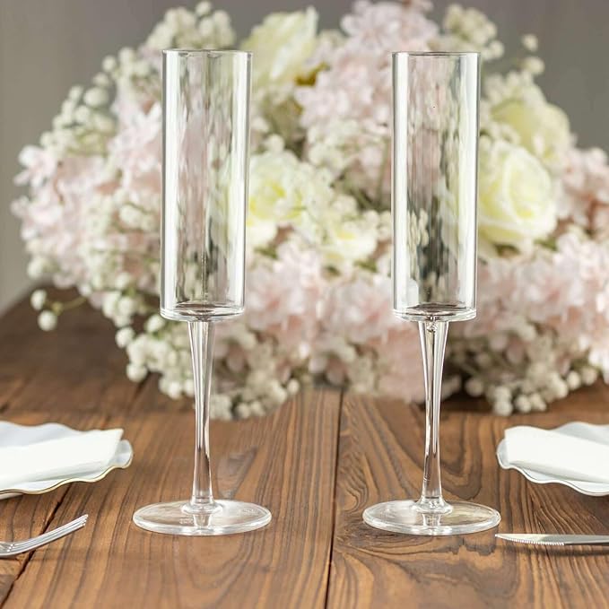 Efavormart 6 Pack | 6oz Clear Sleek Reusable Plastic Champagne Flute Glasses, Cylindrical Wine Mimosa Glass Goblet