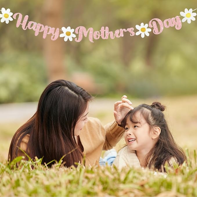 Happy Mother's Day Banner Set Decoration for Mother's Day Party Decorations Backdrop Garland for Mom Glitter Garland Photo Props (Rose Gold)