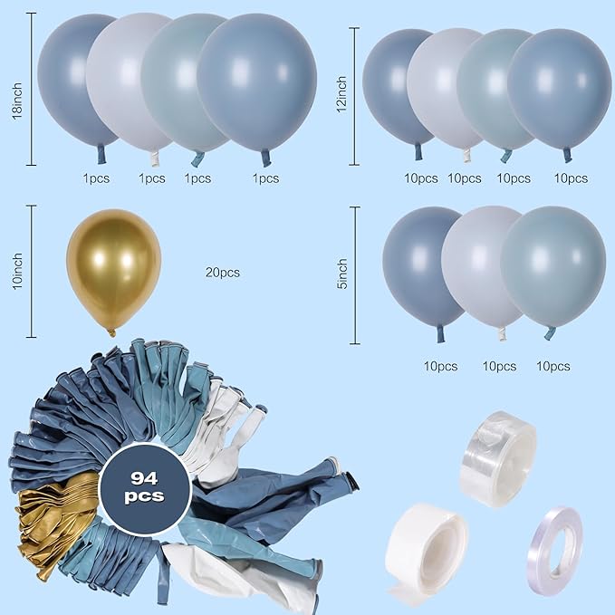 Dusty Blue Balloon Arch Kit - Double-Stuffed Balloon Garland with Multiple Blue Shades, Pastel Teal for Baby Shower, Wedding, Birthday, Graduation and Gender Reveal Party Decorations