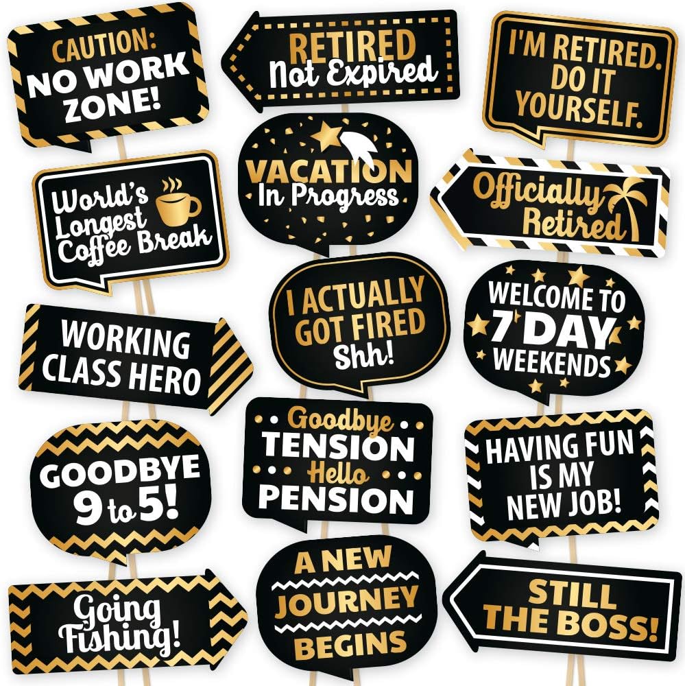 PartyGraphix Retirement Photo Booth Props - European Made Retirement Party Supplies - Easy to Assemble Selfie Props - Decorations Kit Includes 15 Pieces