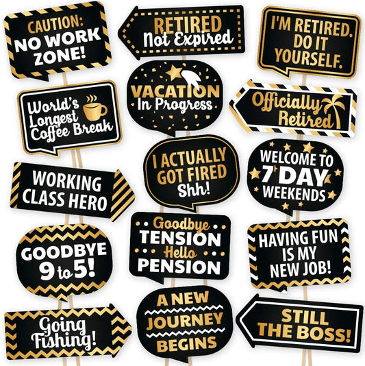 PartyGraphix Retirement Photo Booth Props - European Made Retirement Party Supplies - Easy to Assemble Selfie Props - Decorations Kit Includes 15 Pieces