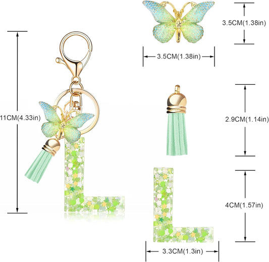 Fashion Alphabet Initial Letter Keychain Tassel Butterfly Pendant Key Ring for Purse Handbags Women Girl