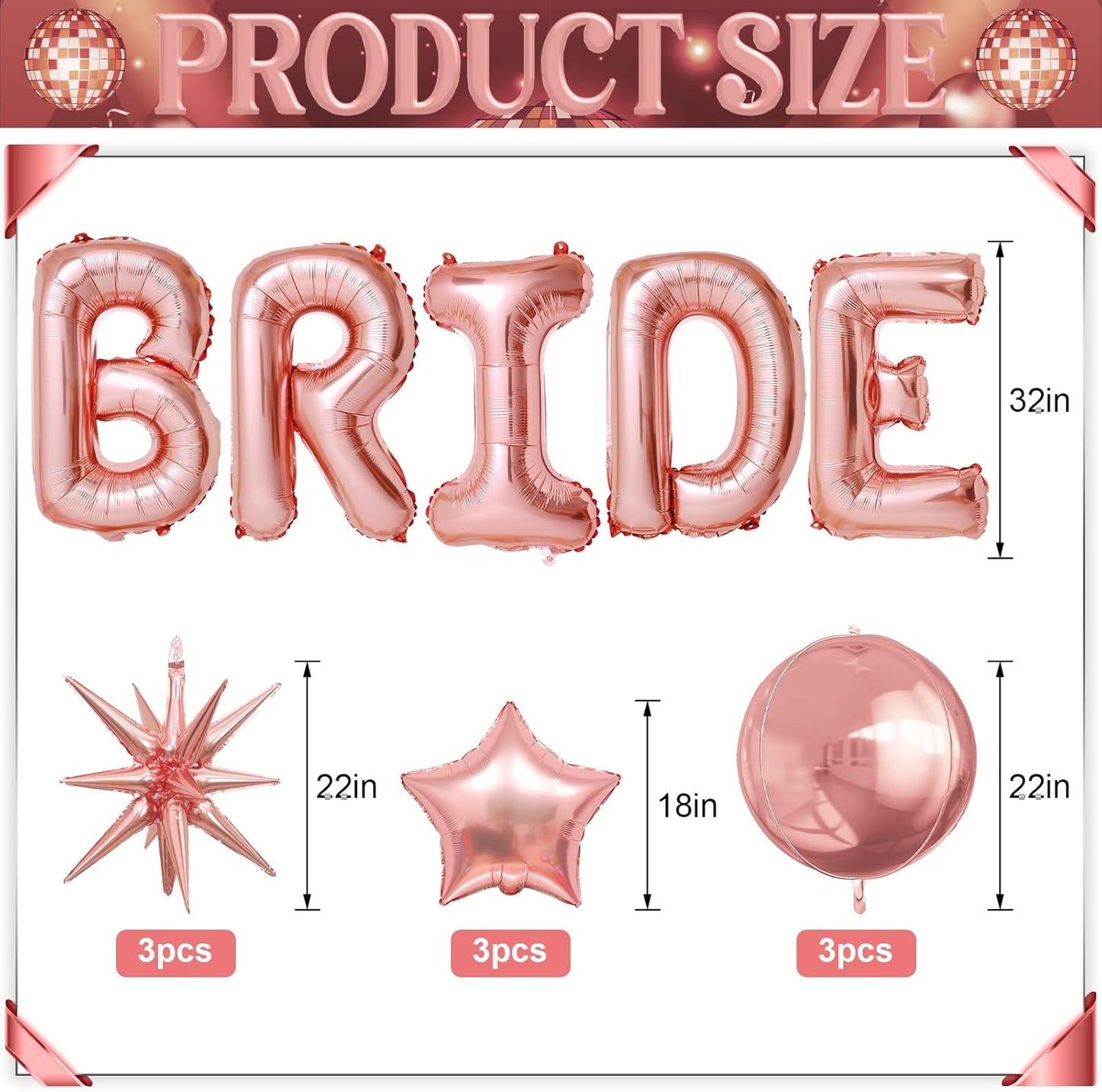 Rose Gold Bride Balloons Bachelorette Party Decorations, 32in Rose Gold Giant Bride Balloons with 4D Disco Ball Balloon and Star Foil Balloon for Bridal Shower Wedding Engagement Party Supplies