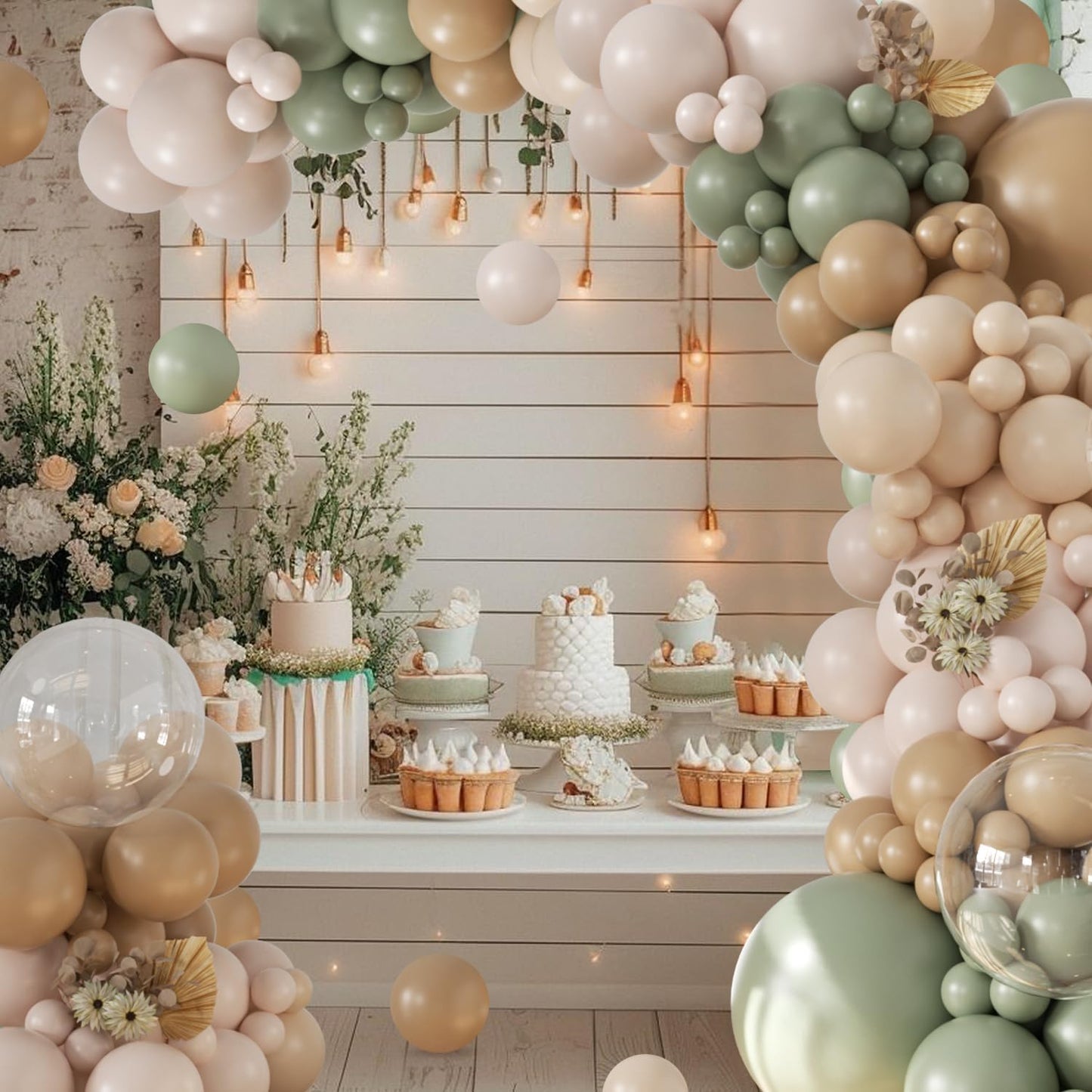Sage Green Balloon Arch Kit 126Pcs Neutral Balloon Garland Arch Kit Include Dusty Green Sand White Tan Nude Clear Balloons for Wedding Boho Baby Shower Gender Reveal Birthday Party Decorations