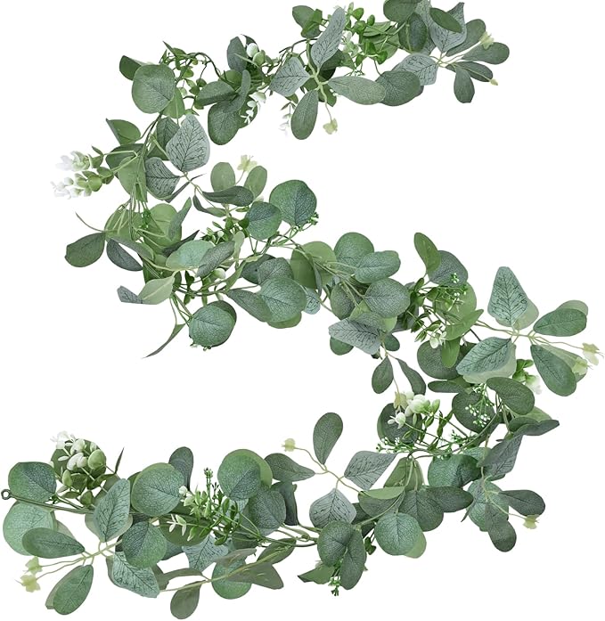 6.2ft Artificial Eucalyptus Garland with Butterfly Leaves and White Flowers – Full Faux Greenery Vine for Wedding Arch, Fireplace Mantel, Table Centerpiece, Party and Home Decor