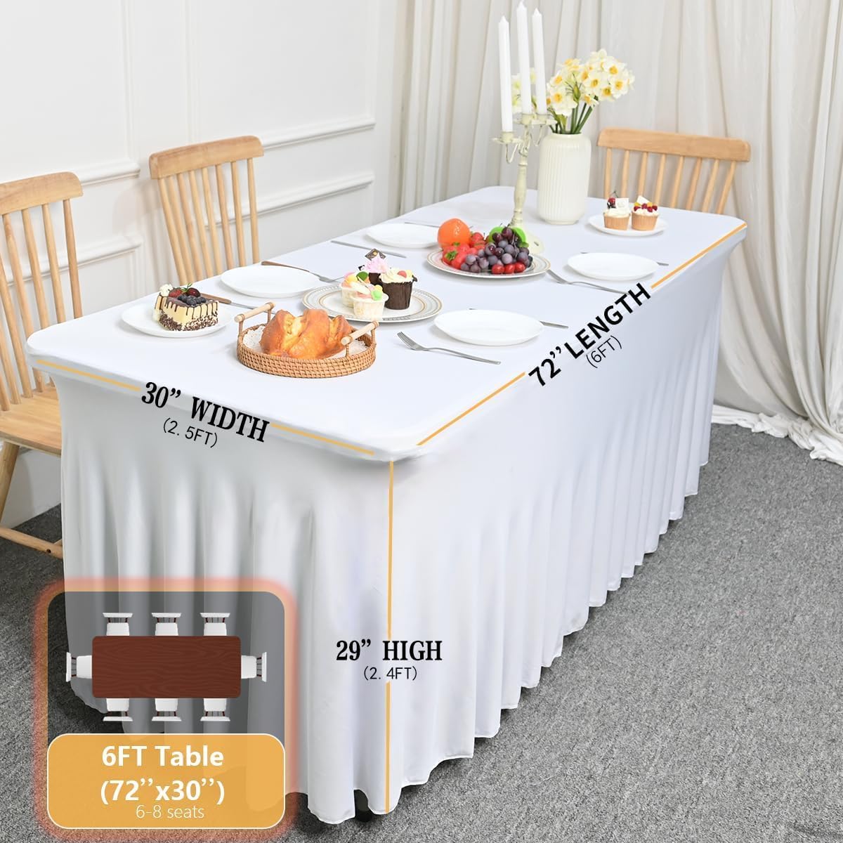 HAORUI Table Skirts, 6ft Rectangle Wrinkle Resistant Table Clothes, Ruffles Elastic Table Cover for Banquets, Weddings, Parties (6 Ft, White)