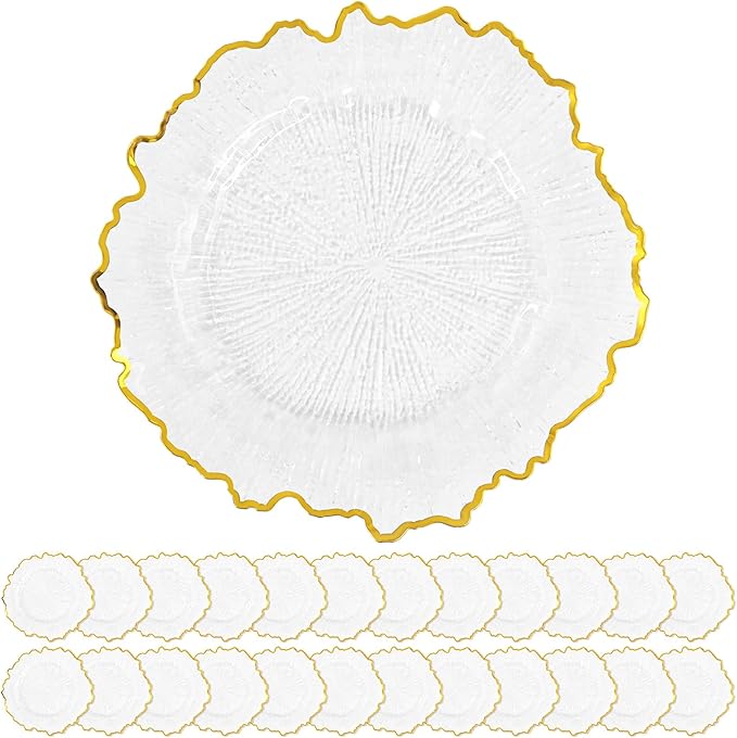 24 Pack Clear Charger Plates Bulk, 13" Plastic Reef Chargers for Dinner Plates, Round Charger Plate with Gold Rim Floral Reef Design for Dinner Wedding Party Table Setting Decoration