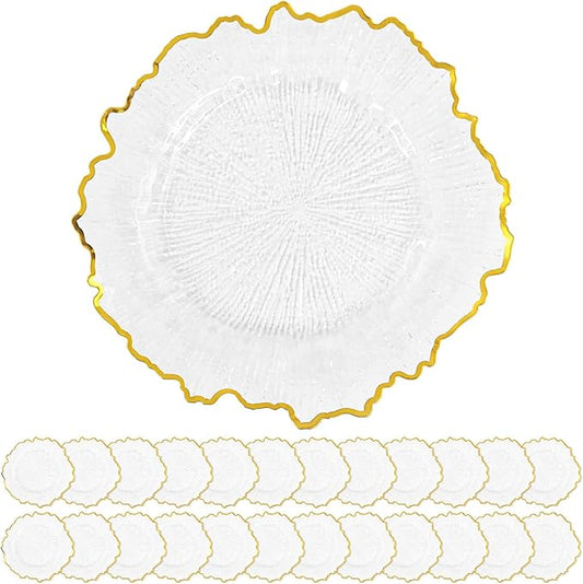 24 Pack Clear Charger Plates Bulk, 13" Plastic Reef Chargers for Dinner Plates, Round Charger Plate with Gold Rim Floral Reef Design for Dinner Wedding Party Table Setting Decoration