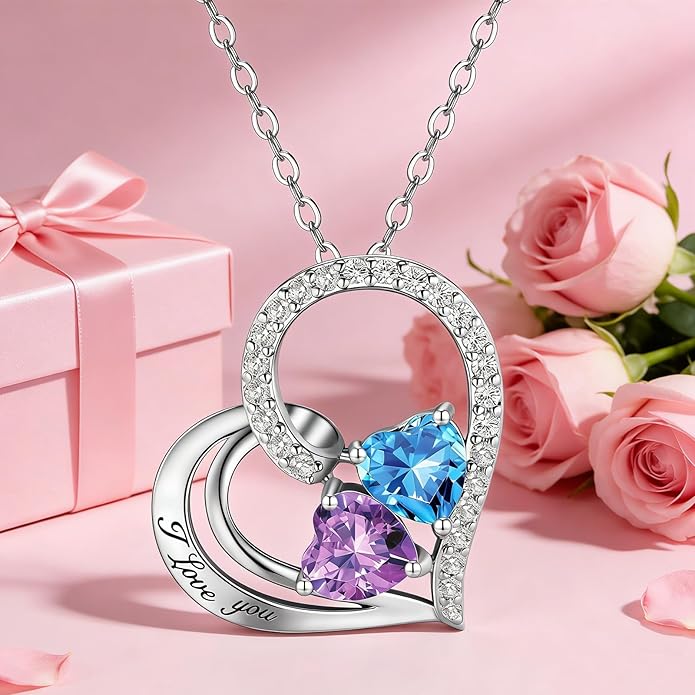 Double Birthstone Heart Necklace 0.8CT Dual-Gemstone S925 Sterling Silver Plated White Gold Engraved I Love You Perfect Anniversary/Valentine's Day Gift for Wife/Girlfriend/Mom/Daughter
