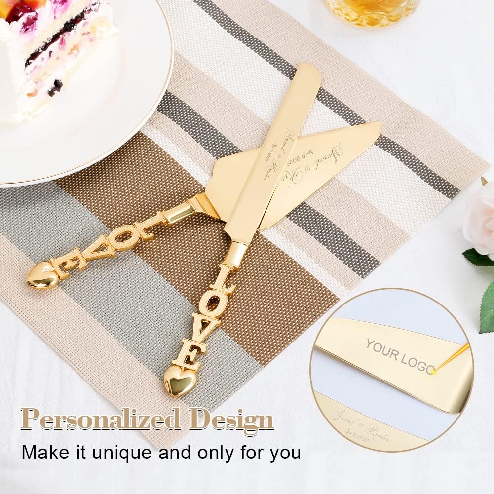 Wedding Cake Knife and Server Set, Personalized Gold Cake Cutting Set for Wedding, Engraved Classic Cake Knives Cutter Set, Pie Server, Birthday Bridal Quinceañera Gift (CUS-Love)