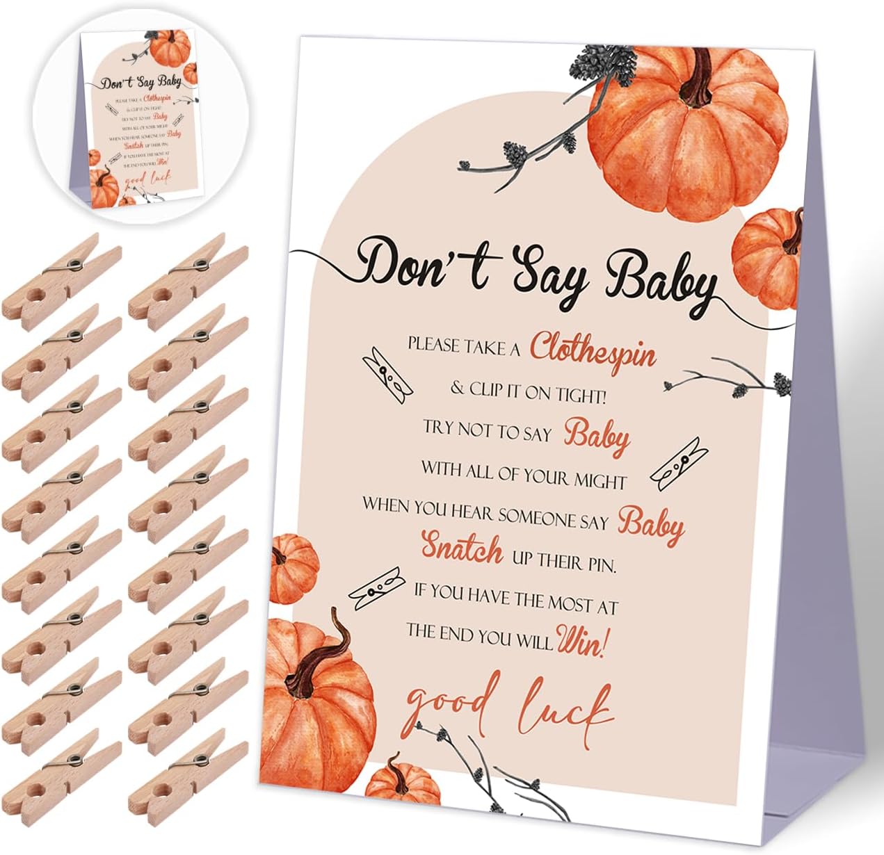 Don't Say Baby Baby Shower Game,Little Pumpkin Baby Shower Decorations,Rustic Baby Shower Decorations,Neutral Baby Shower Decorations,Baby Shower Game Ideas,1 Sign & 50 Mini Clothespins Set-B20