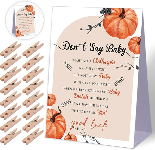 Don't Say Baby Baby Shower Game,Little Pumpkin Baby Shower Decorations,Rustic Baby Shower Decorations,Neutral Baby Shower Decorations,Baby Shower Game Ideas,1 Sign & 50 Mini Clothespins Set-B20