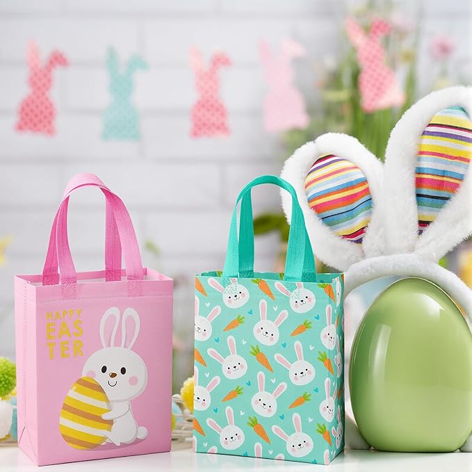 Wovnet 30 Pcs Easter Gift Bags Pastel Colors Easter Bunny Goodie Treat Tote Bags with Handle Reusable Non Woven Rabbit Carrots Party Favor Pouch for Spring Party Supplies 10 x 8 x 4in