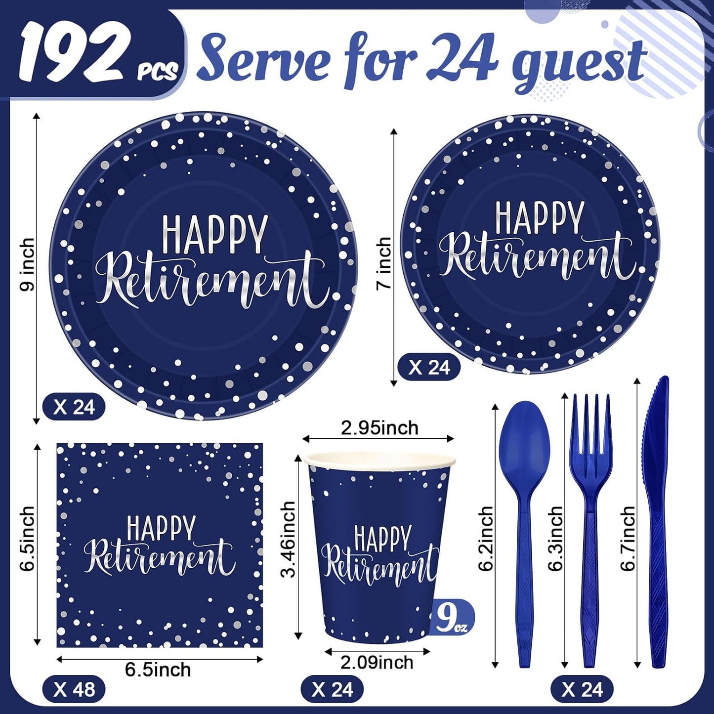Pickmesh 192 Pcs Retirement Party Decorations Happy Retirement Paper Plates and Napkins Set with Cups and Knife Fork Spoon,Farewell Party Disposable Tableware for 24 Guest Women Men(Blue)