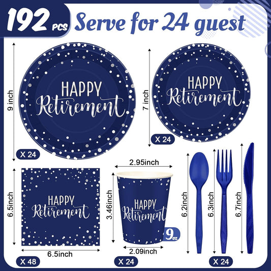 Pickmesh 192 Pcs Retirement Party Decorations Happy Retirement Paper Plates and Napkins Set with Cups and Knife Fork Spoon,Farewell Party Disposable Tableware for 24 Guest Women Men(Blue)
