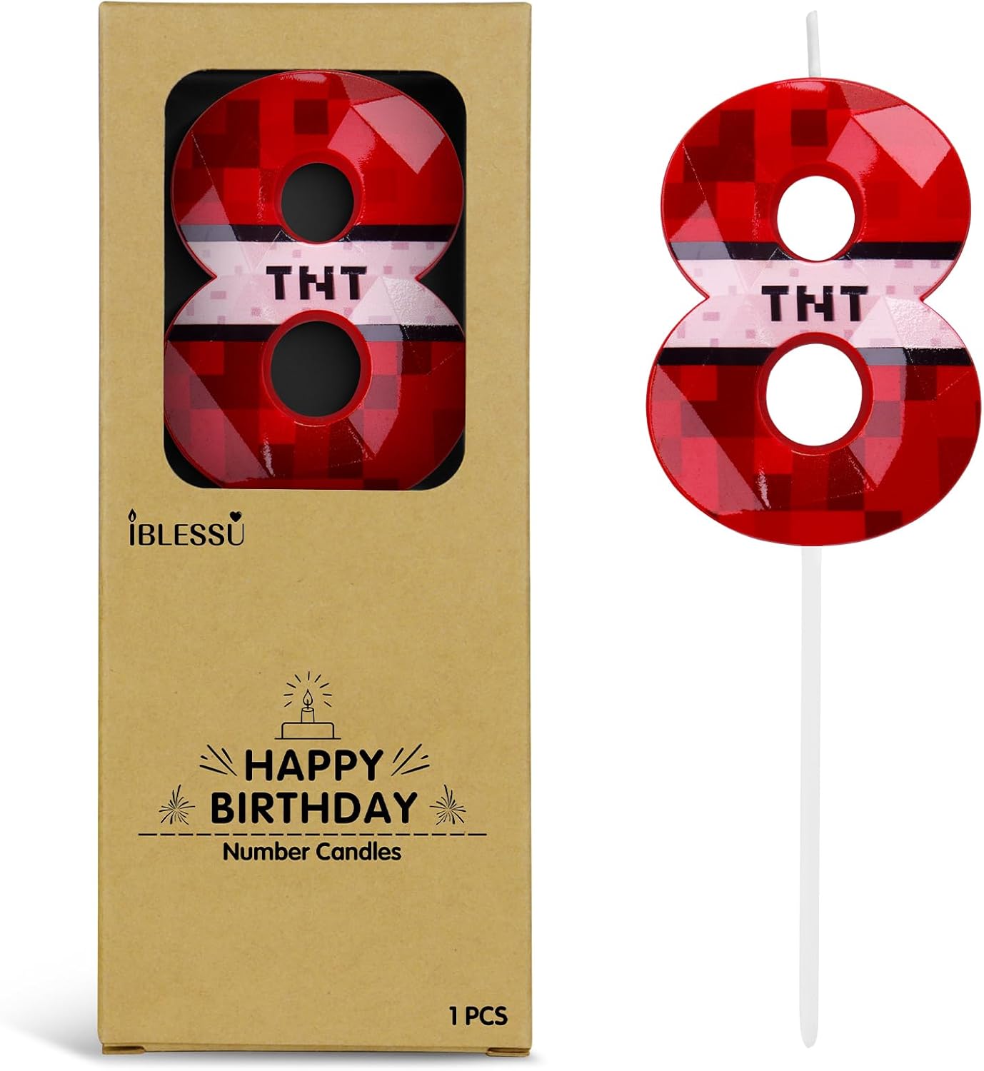 Pixel Birthday Candle, 2.68 Inch Miner Number Candles, Game Themed Candle Birthday Decoration for Pixel Theme Birthday Anniversary Dynamite Video Game Party (Red, 8)