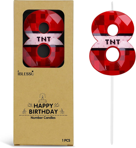 Pixel Birthday Candle, 2.68 Inch Miner Number Candles, Game Themed Candle Birthday Decoration for Pixel Theme Birthday Anniversary Dynamite Video Game Party (Red, 8)