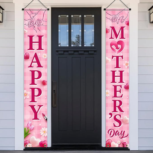 Happy Mother's Day Porch Banner Decorations,Mothers Day Porch Sign Pink Heart Flowers Mother's Day Indoor Outdoor Hanging Banner for Best Mom Ever,Mothers Day Birthday Party Decor