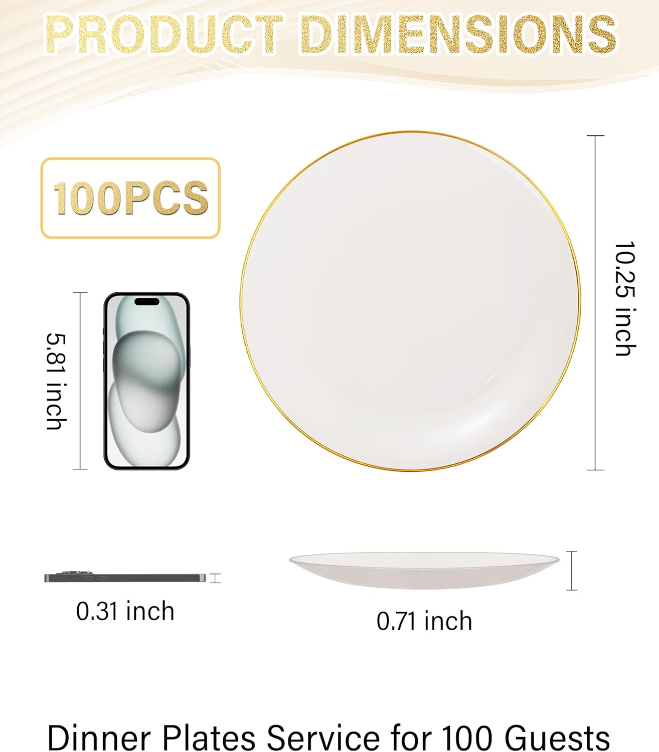 Nervure 100Pcs Ivory and Gold Plastic Plates - 10.25inch Disposable Ivory Dinner Plates - Heavy Duty Plastic Plate Ideal for Wedding & Party & Thanksgiving