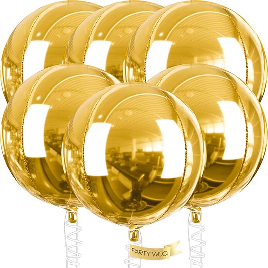 PartyWoo Metallic Gold Foil Balloons 6pcs 32 Inch Large Round Foil Big Giant 4D Jumbo Inflatable Mirror Ball Mylar Balloons for Graduation Birthday Baby Shower Anniversary Tea Party Decorations