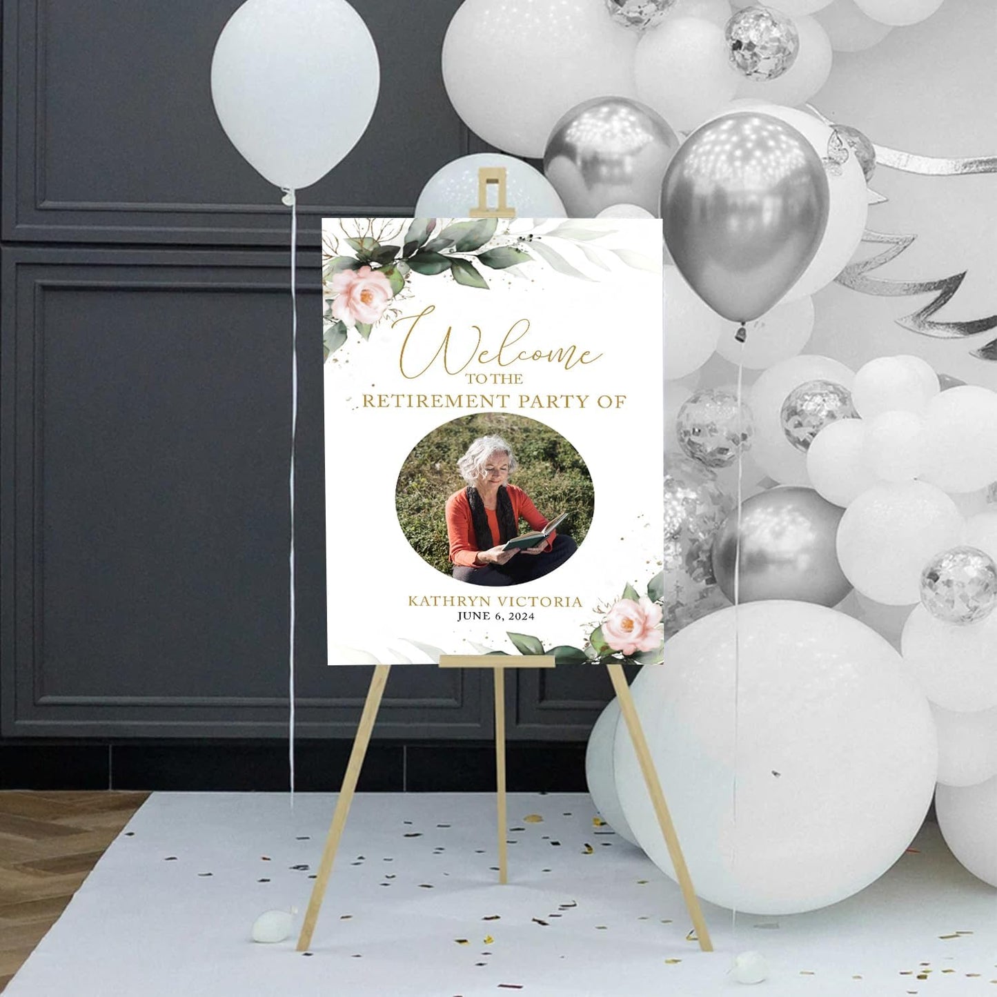 Greenery Retirement Welcome Sign - Modern Celebration Photo Sign for Outdoor Events