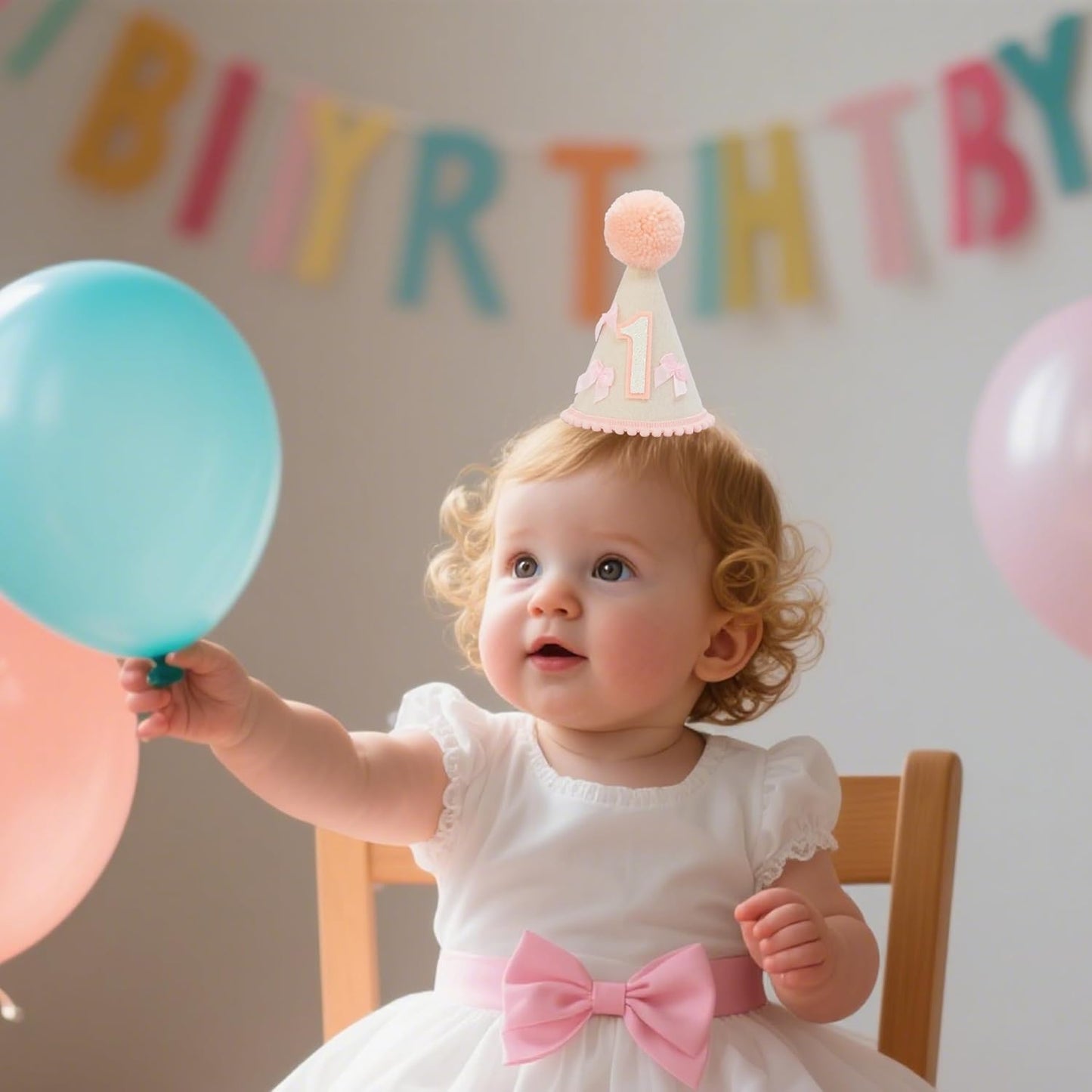 First Birthday Party Hat for Girls, Felt Cone with Pink Pom Pom, White Number 1, Pink Bows