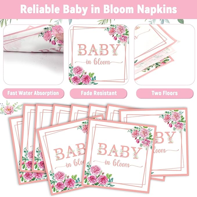 OBUSATT 96Pcs Baby in Bloom Party Supplies Baby in Bloom Floral Paper Plates Napkins Babies Shower Party Decorations Girl Floral Dinnerware Birthday Favor Pink Birthday Tableware Serves 24