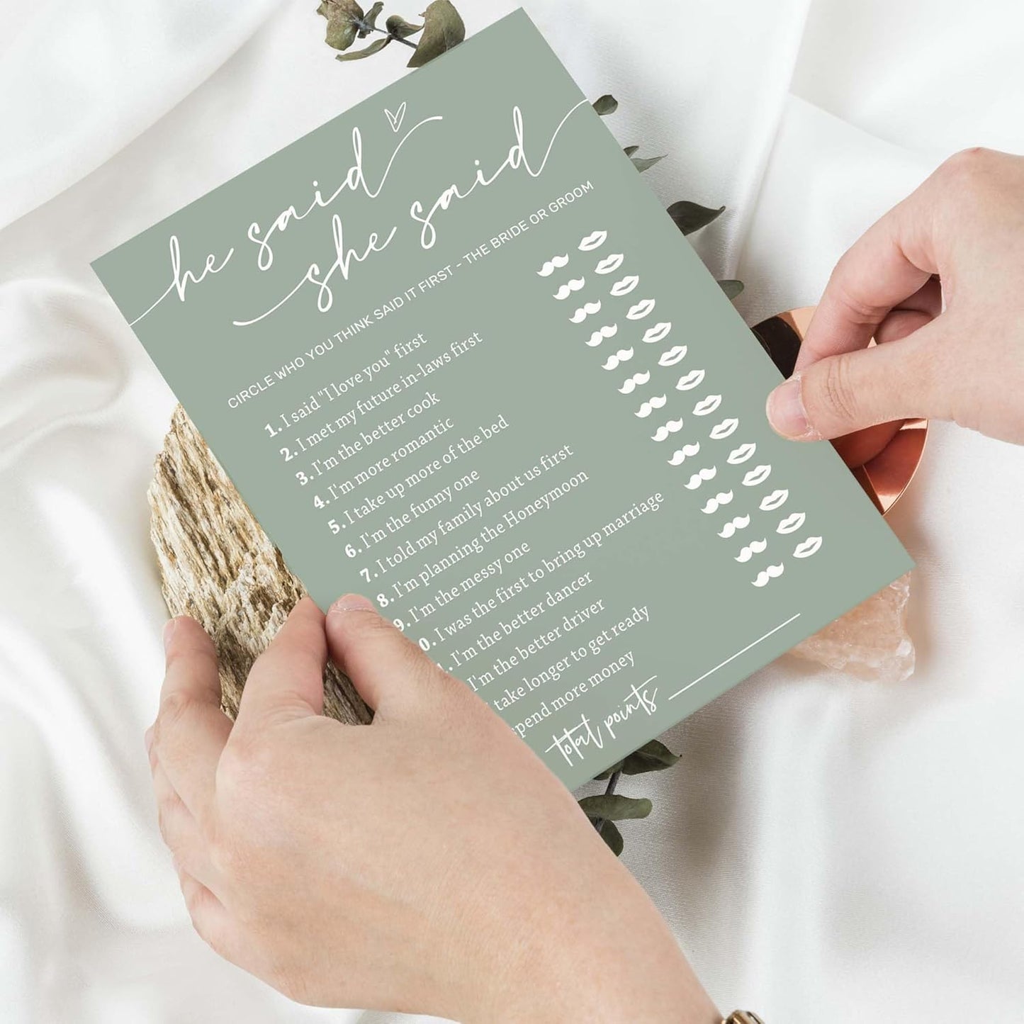 Bridal Shower Games Cards, He Said She Said Game Cards, Bridal Shower Game 25 Guests, Engagement Party Wedding Games for Guests, Minimalist Green Wedding Party Supplies - C07