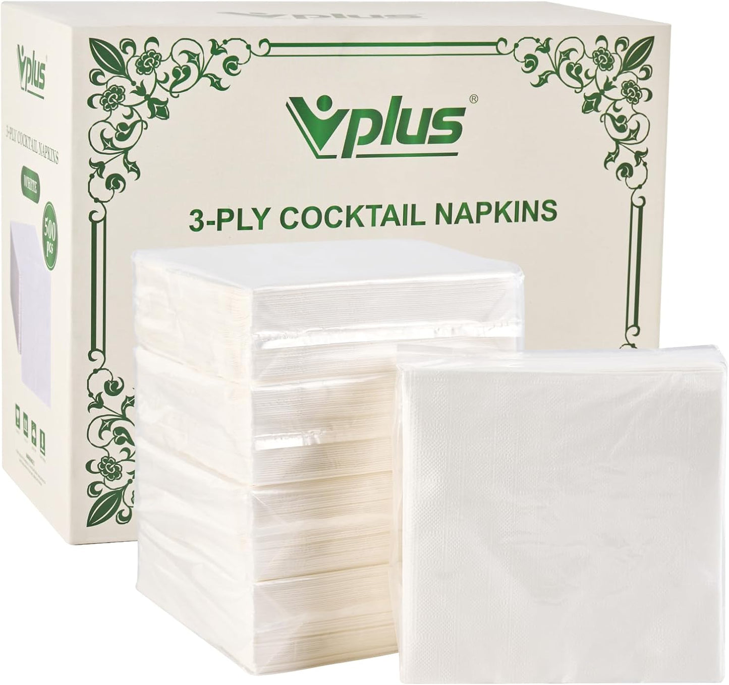 Vplus 500 Pack Cocktail Napkins Paper, 3-Ply Beverage Napkins, Disposable White Square Napkins, Perfect for Restaurant, Event, Bar, Wedding, Baby Shower and Daily Use