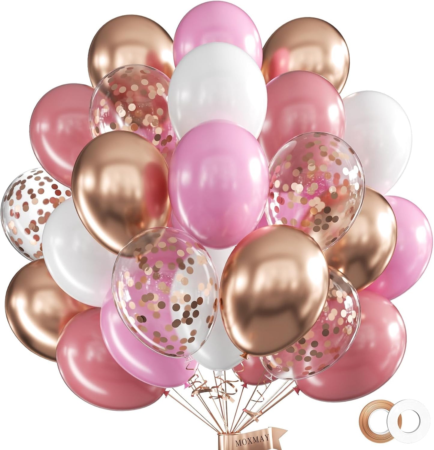 62Pcs12Inch Pink White Metallic Champagne Gold Balloons Arch Kit, Pink and RoseGold Confetti Party Balloons with Ribbons for Birthday, Wedding, Baby Shower, Graduation Decorations