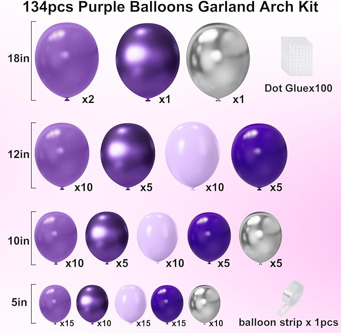 Purple Balloon Garland Arch Kit, 134PCS Purple and Silver Balloons with Different Size for Birthday, Wedding, Baby Shower Decorations