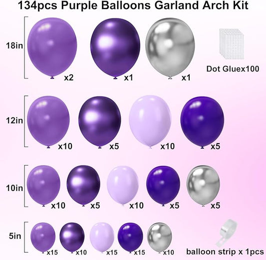 Purple Balloon Garland Arch Kit, 134PCS Purple and Silver Balloons with Different Size for Birthday, Wedding, Baby Shower Decorations