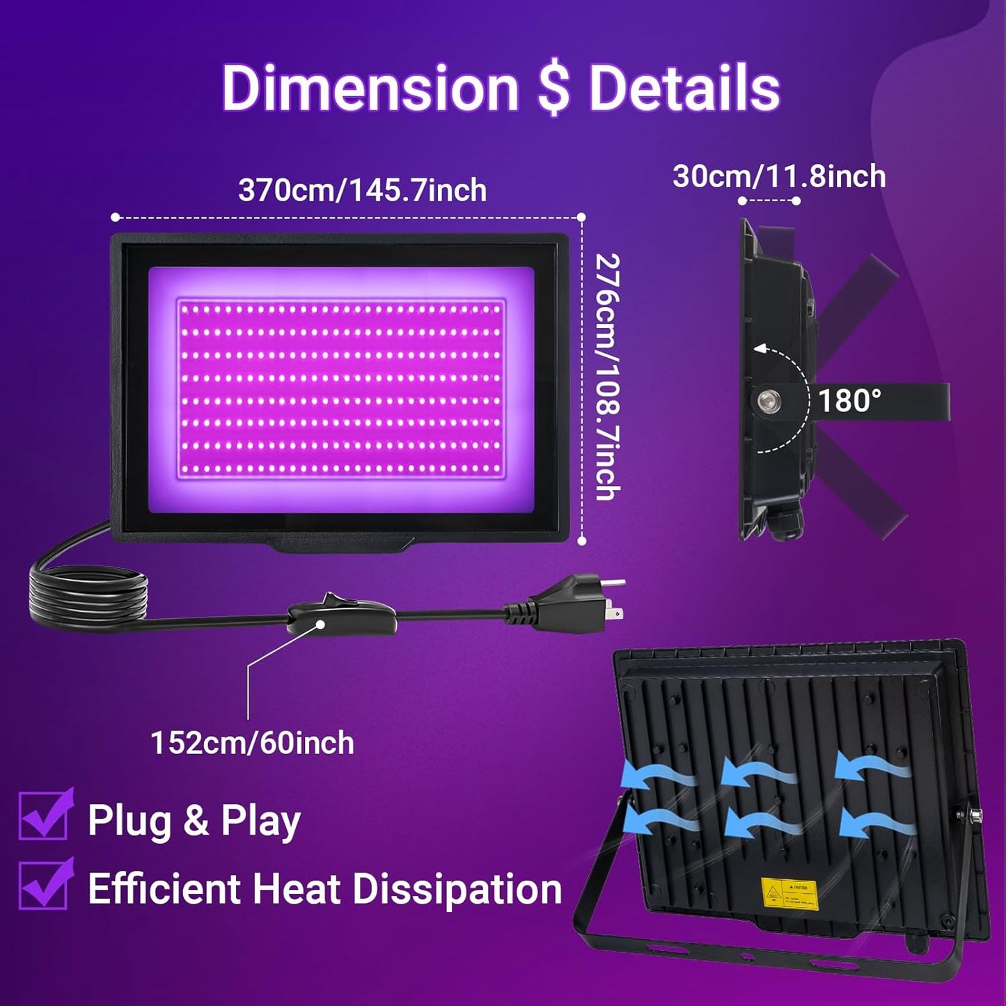 2 Pack 200W LED Black Light IP66 Waterproof,Blacklight with Plug+Switch, Flood Light for Glow Party,Halloween Decoration, Body Paint, Fluorescent Poster, Stage Lighting,Neon Glow,5.25Ft Cord