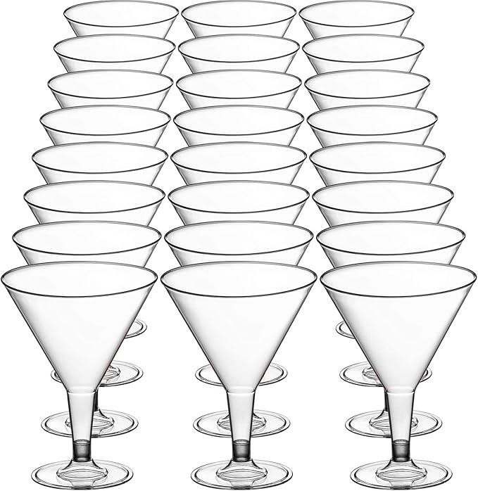 DecorRack 24 Martini Glasses, 7 oz -BPA Free- V-Shaped Plastic Glass, Perfect for Outdoor Parties, Weddings, Hosting, Stackable, Reusable, Disposable Stemmed Cups (Pack of 24)