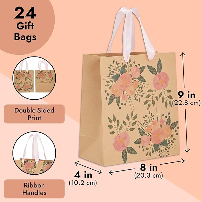 Juvale Floral Gift Bags - Reinforced Bottom & Ribbon Handles - Party Favor Bags - 8 x 4 x 9 in, Pack of 24, Pink