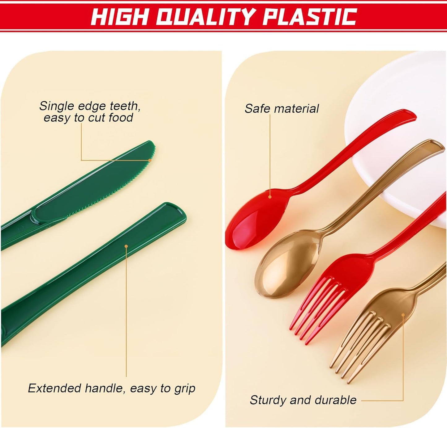 300 Pieces Christmas Plastic Silverware Heavy Duty Plastic Cutlery Set Heavyweight Disposable Flatware Includes Christmas Spoons Forks Knifes for Christmas New Year Party