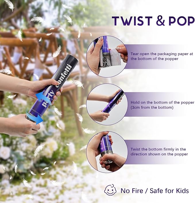 White Feather Confetti Cannon 12 Pack, 12" Biodegradable Wedding Confetti Poppers with Slow-Falling Real Feathers, Premium Party Poppers for Wedding Send Off, Bridal Shower & Celebrations