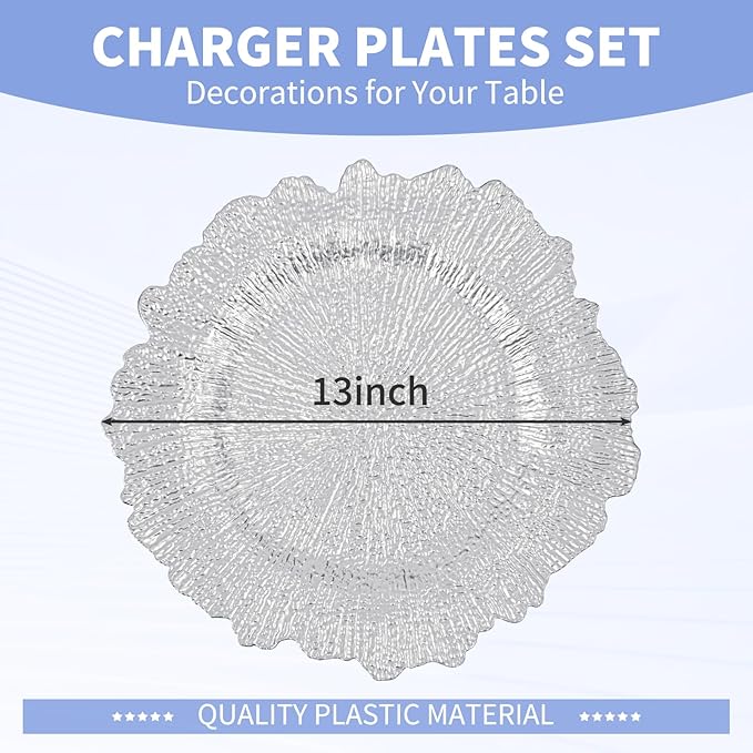 50 Pcs Silver Charger Plates Bulk 13 Inch Plastic Charger Plates for Dinner Plate, Silver Chargers for Table Setting, Reef Design Plate Floral Decorative Round Chargers for Wedding Party, Event