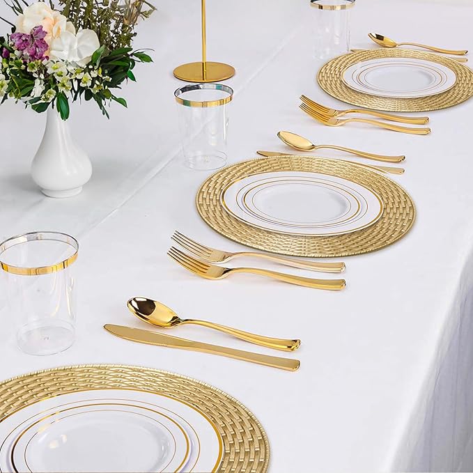 MAONAME 13" Gold Charger Plates Set of 12, Table Chargers for Dinner Plates, Faux Rattan Plastic Plate Chargers, Round Charger for Table Setting, Wedding Decor