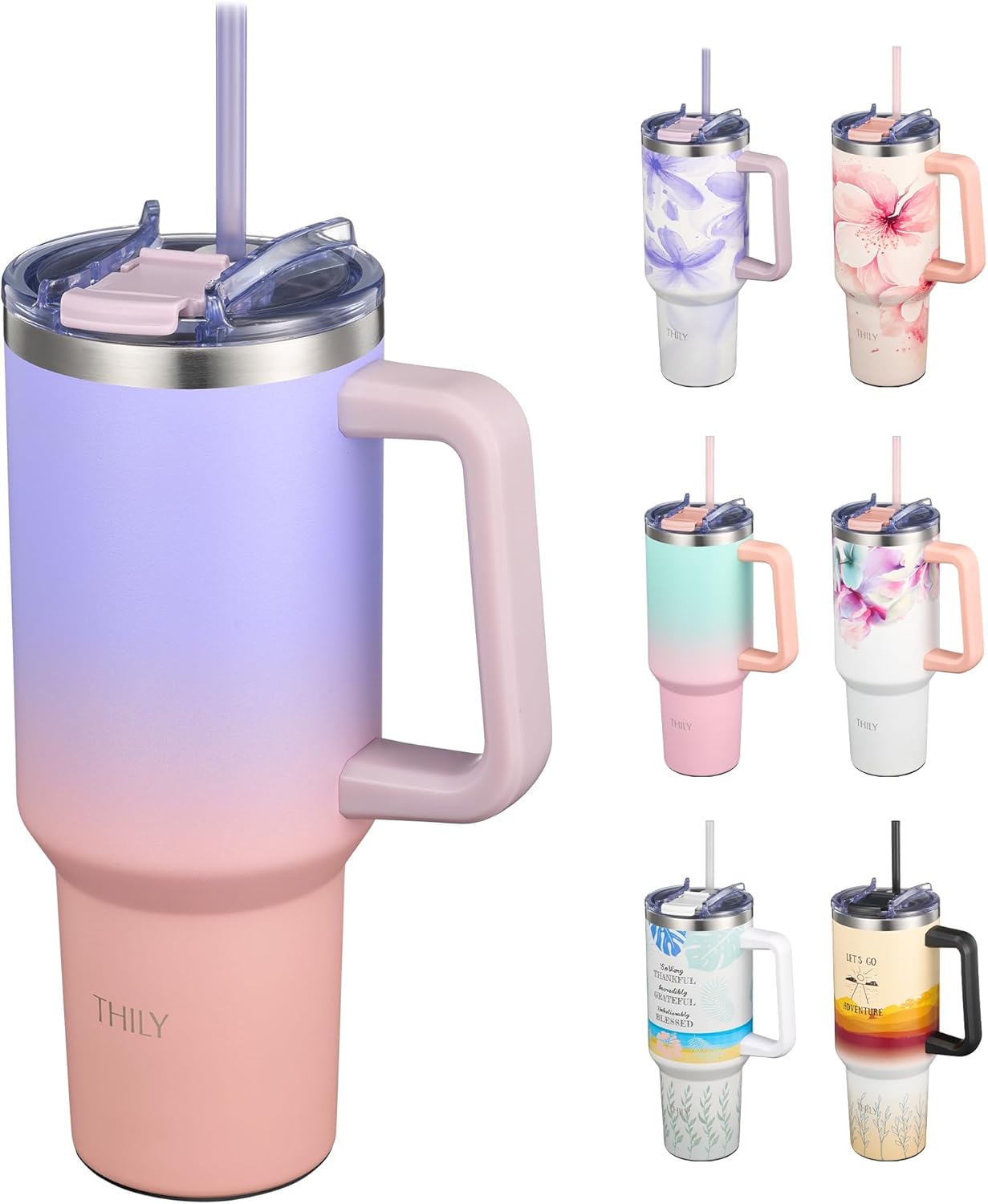 THILY 40 oz Stainless Steel Tumbler with Handle - Vacuum Insulated Travel Cup, Splash-Proof & Leakproof Lid, 2 Straws & Brush | Keeps Cold 34H/Hot 12H, Cupholder Friendly, Lavender Dream