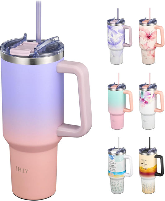 THILY 40 oz Stainless Steel Tumbler with Handle - Vacuum Insulated Travel Cup, Splash-Proof & Leakproof Lid, 2 Straws & Brush | Keeps Cold 34H/Hot 12H, Cupholder Friendly, Lavender Dream