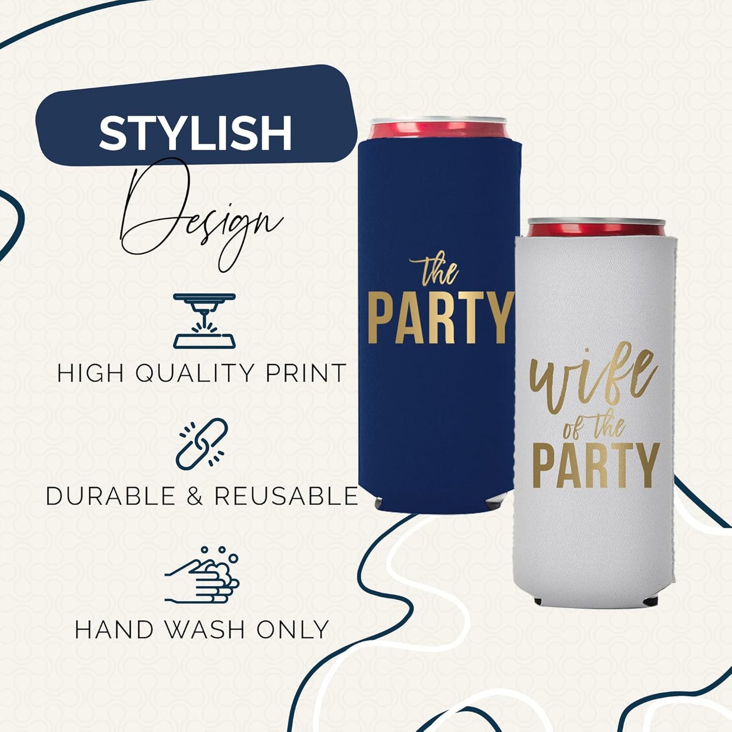 Wife of the Party and The Party Bachelorette Can Coolers - Set of 12, Perfect for Decorations and Bridesmaid Gifts (Navy, Slim)