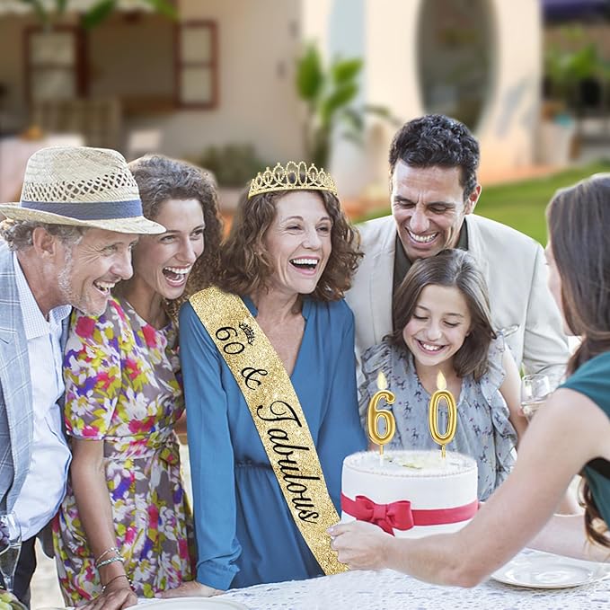 60th Birthday Decorations for Women Gold with Sash and Tiara, Gold Number Candles, 60th Birthday Gifts for Women