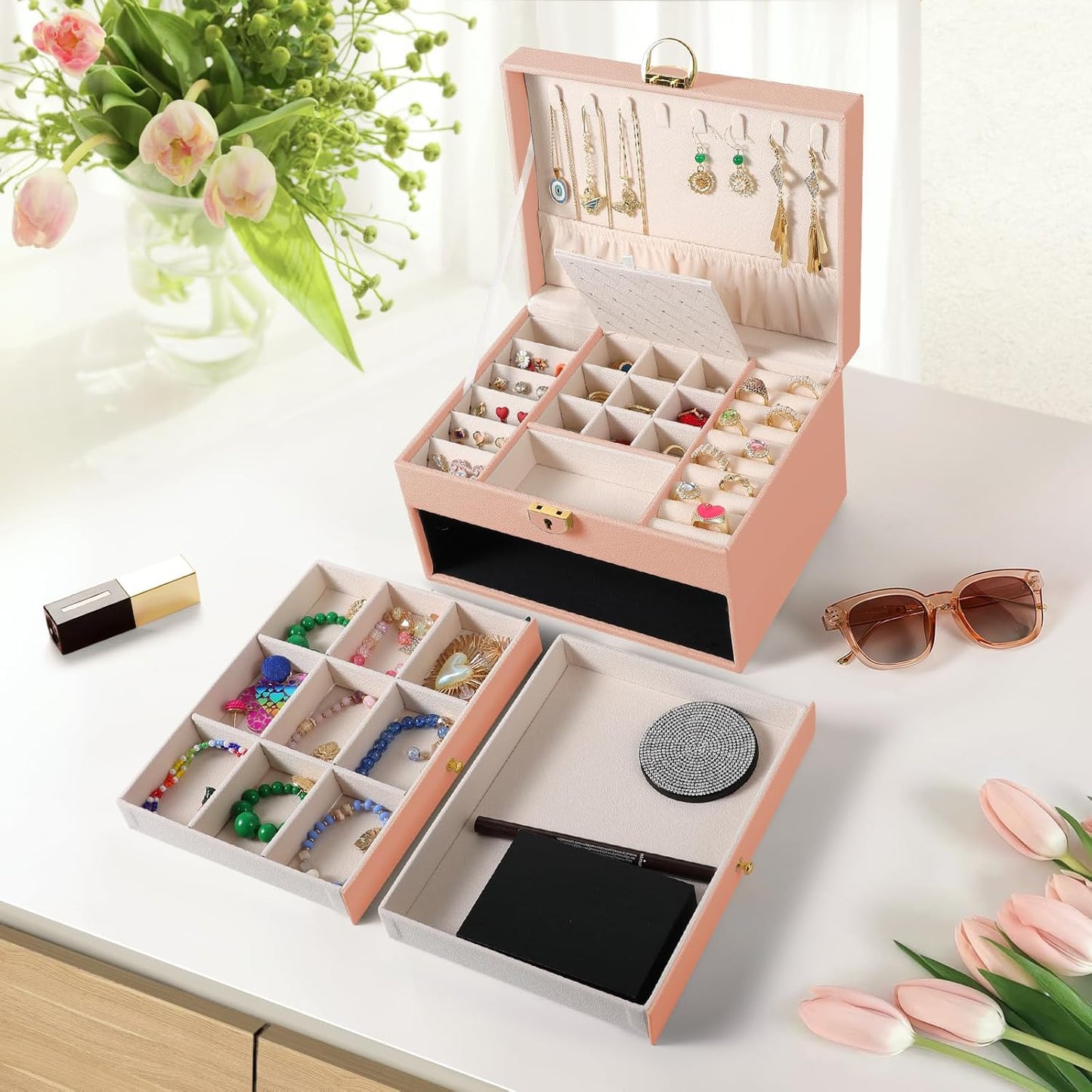 3 Layer Jewelry Box, Jewelry Holder with Lockable Drawer, Large Jewelry Boxes & Organizer with Velvet Earring Holder, Gifts for Mom Women