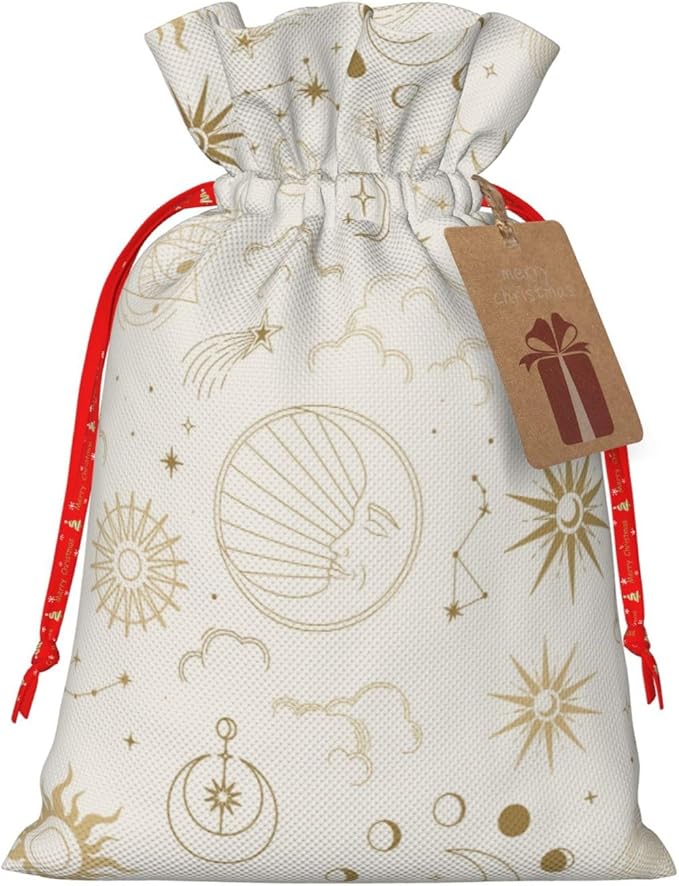 Boho Chic Sun Moon Galaxy Stars Clouds Christmas Gift Bags Christmas Treat Bags Cloth Christmas Gift Bag Drawstring Christmas Bags for Gifts Favor Bags Reusable Xmas Gift Bags for Holiday Party