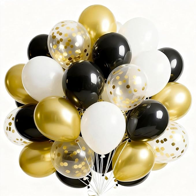 PartyWoo Black and Gold Balloons 65pcs 12 Inch Matte Black White Metallic Chrome Gold Confetti Balloons for Graduation Baby Shower Birthday New Year's Eve Anniversary Bachelorette Party Decorations