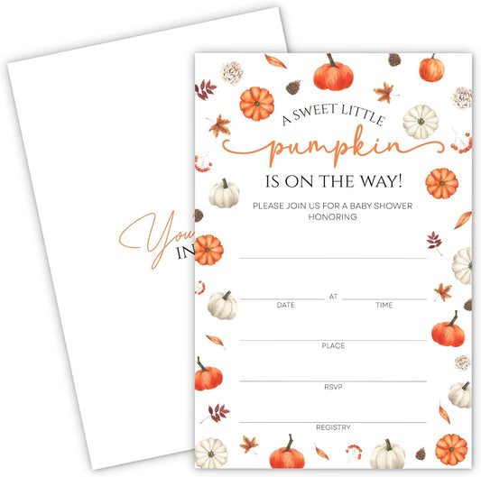 Fall Pumpkin Baby Shower Invitations - “A Sweet Little Pumpkin Is On The Way” Design with Envelopes And RSVP Cards - 20Pcs Fill In Baby Shower Party Cards(4 x 6 Inch) (044)