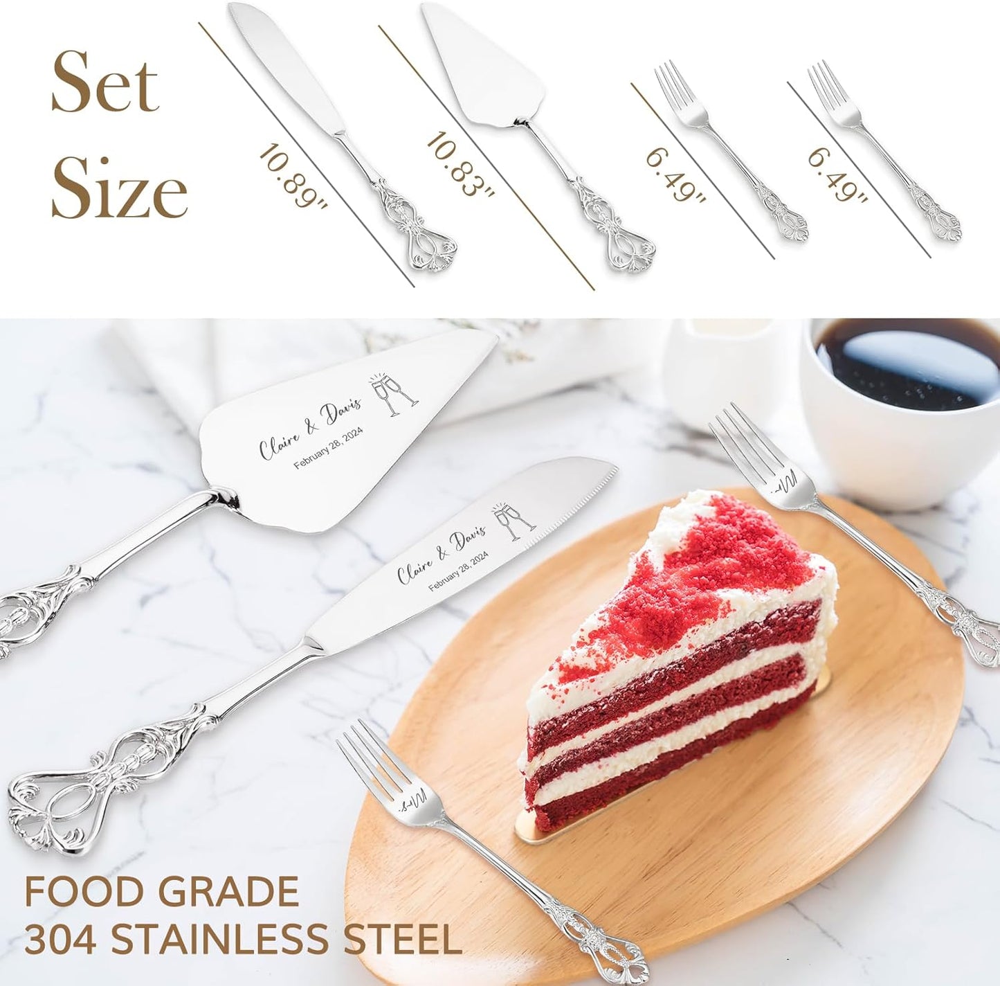 Personalized Wedding Cake Knife and Server Set Engraved Gold Cake Cutter Server Forks Custom Cake Cutting Set for Wedding Anniversary Engagement Birthday Gifts