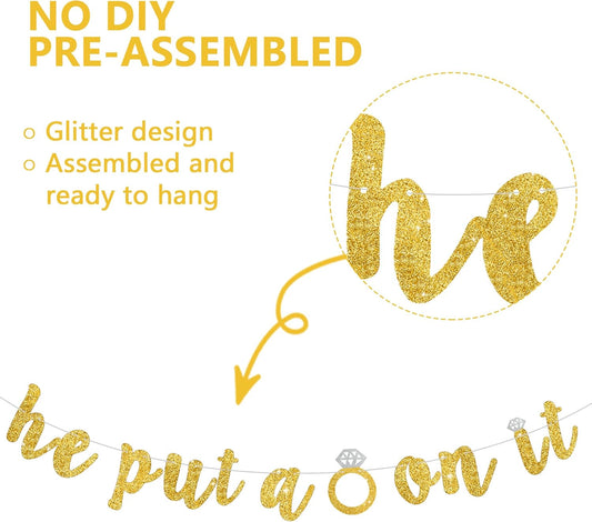 Glitter Gold He Put A Ring On It Banner Pre-Strung Engagement Decorations Bridal Wedding Party Backdrop Sign Garland Bachelorette Party Supplies,NO DIY